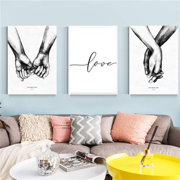 Love and Hand in Hand Wall Art Canvas Print Poster,Simple Fashion Black & White - Picture 4 of 5